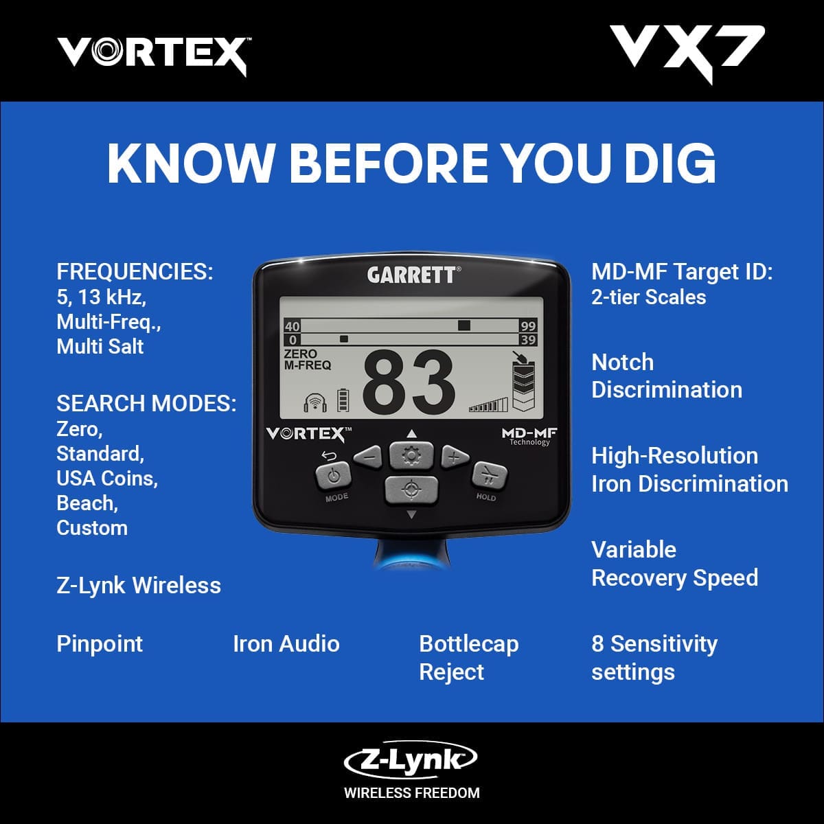 Balıkesir Garrett Vortex VX7 Dedektör - VX7 hedef ID ekranı, iki katmanlı MD-MF okuma ile demir ve iletken hedefleri ayırmaya yardım eder.